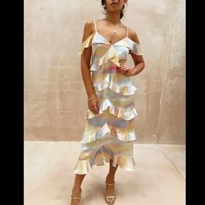 SOLDOUT Neverfullydressed sunset tier midi dress tie straps wedding UK brand